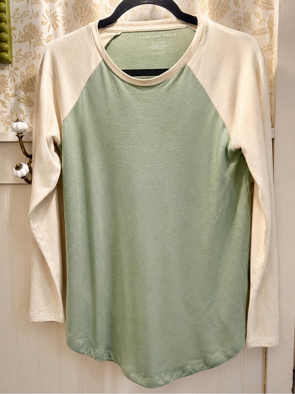 American Eagle Two-Tone Raglan Tee - Sage Green & Cream Trim